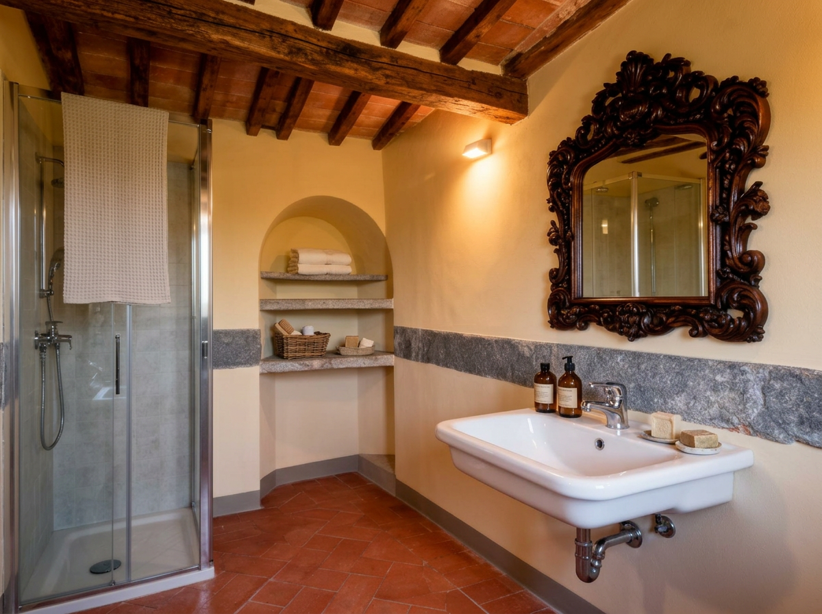 Bathroom with antique carved mirror and walk-in shower