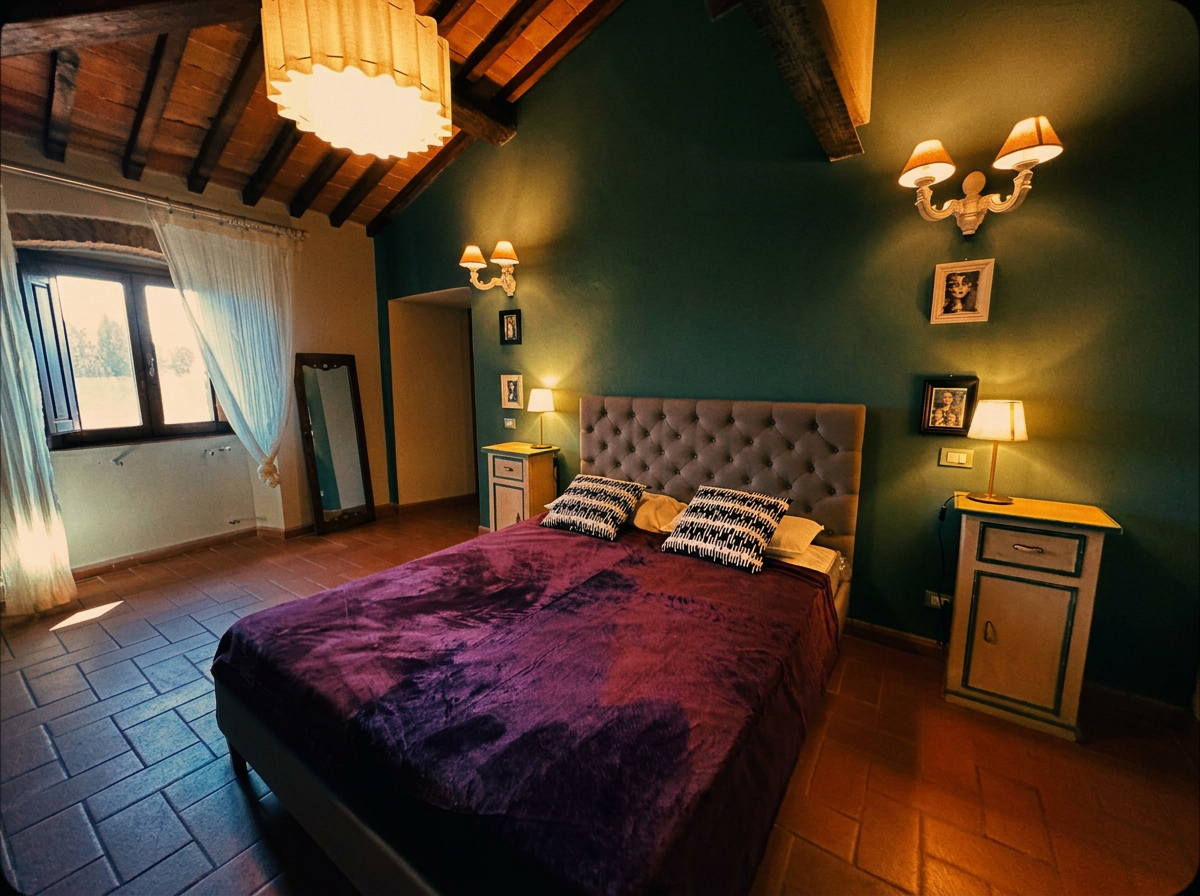 Bedroom with soft violet linen