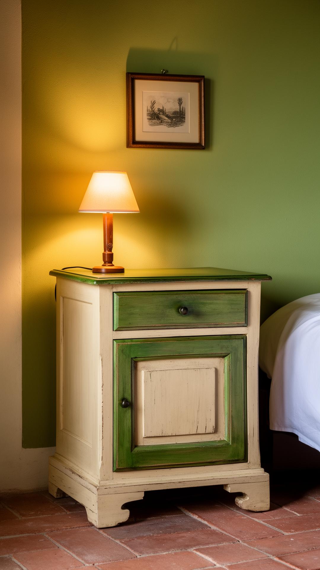 Rustic bedside cabinet with warm lamp glow