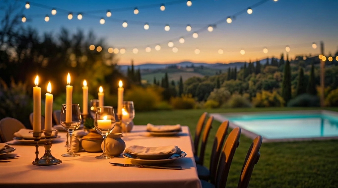 Candlelit dinner table by the terrace at dusk