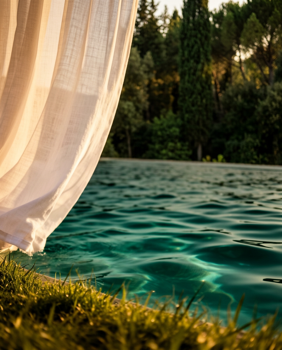 Pool water lapping at the grass with a linen curtain drifting in the breeze