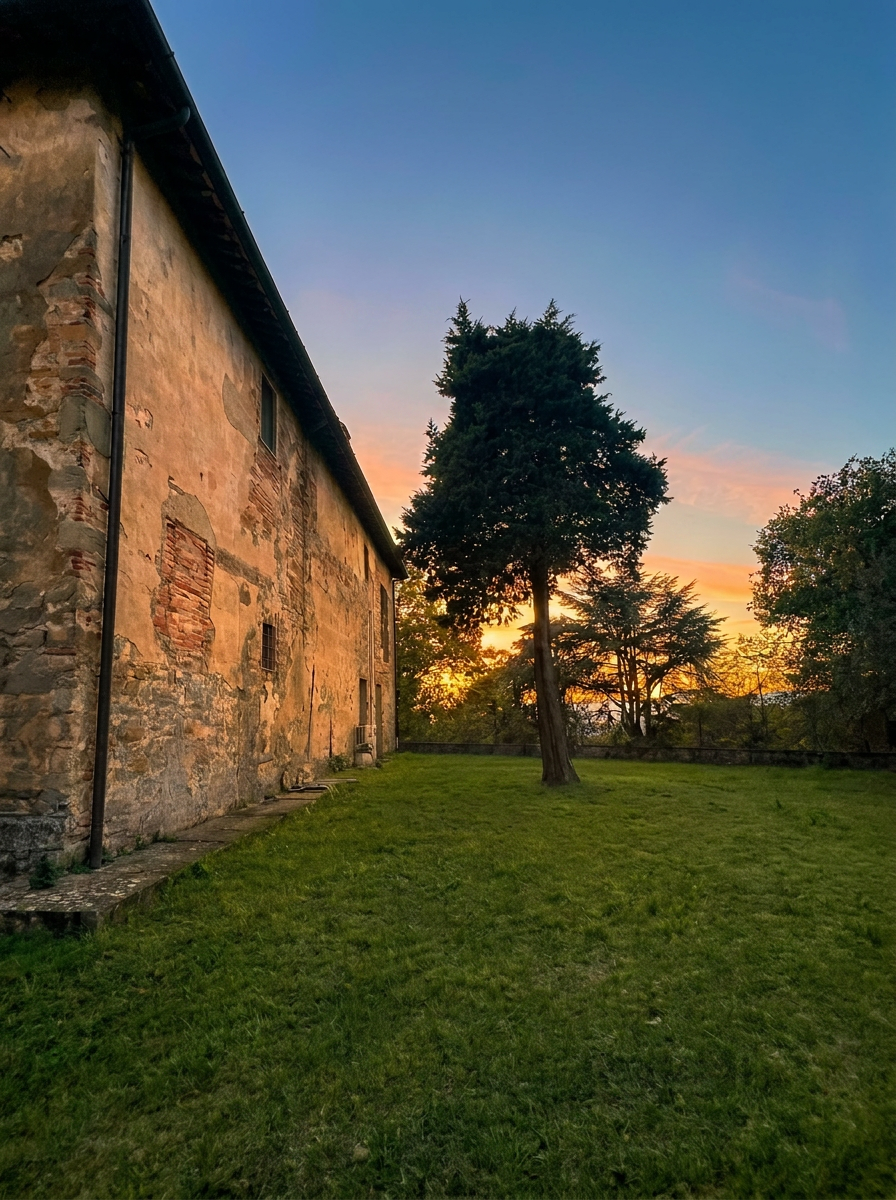 The farmhouse side at dusk