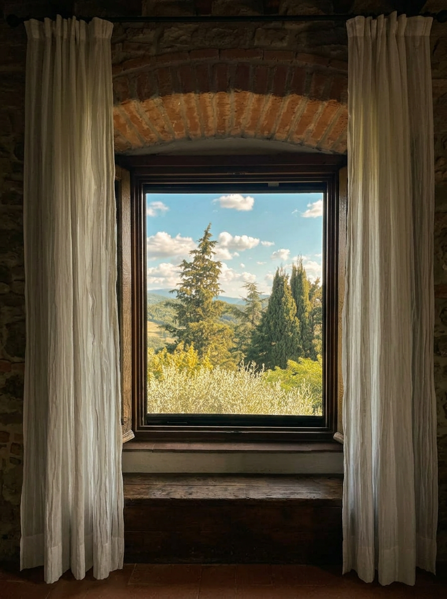 View across the Mugello hills through a farmhouse window